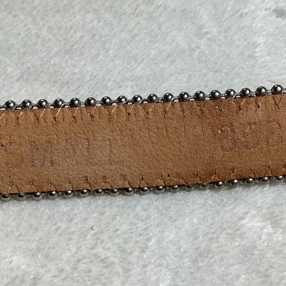 Olive Green Leather Western Belt Silver Ball Chain Trim Stone Buckle Small